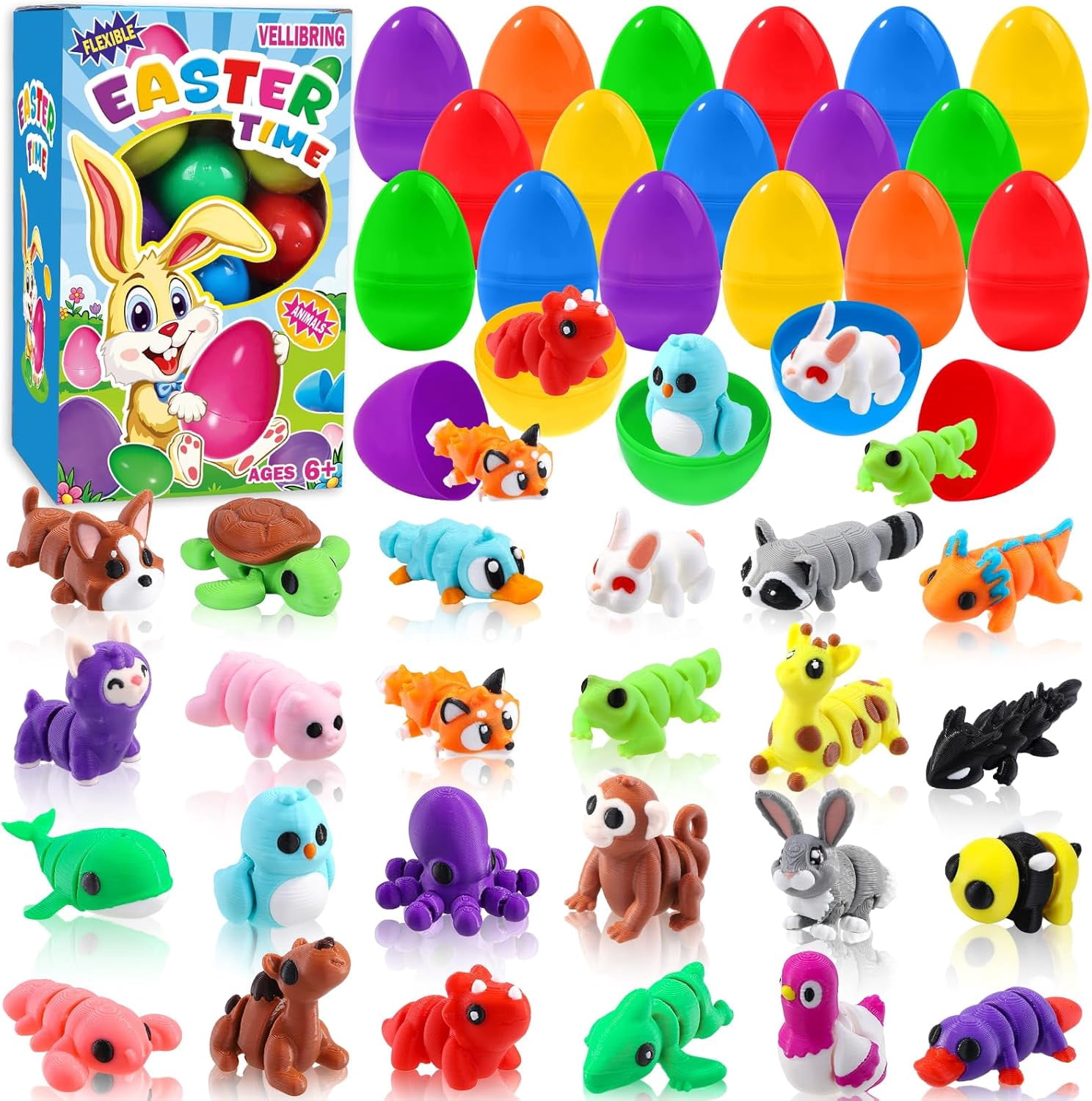 Prefilled Easter Eggs Set, 24 Count Plastic Eggs With 3D Printed Animal Toys, Basket Stuffers For Kids, Classroom Prizes, Party Favors, Assorted Colors