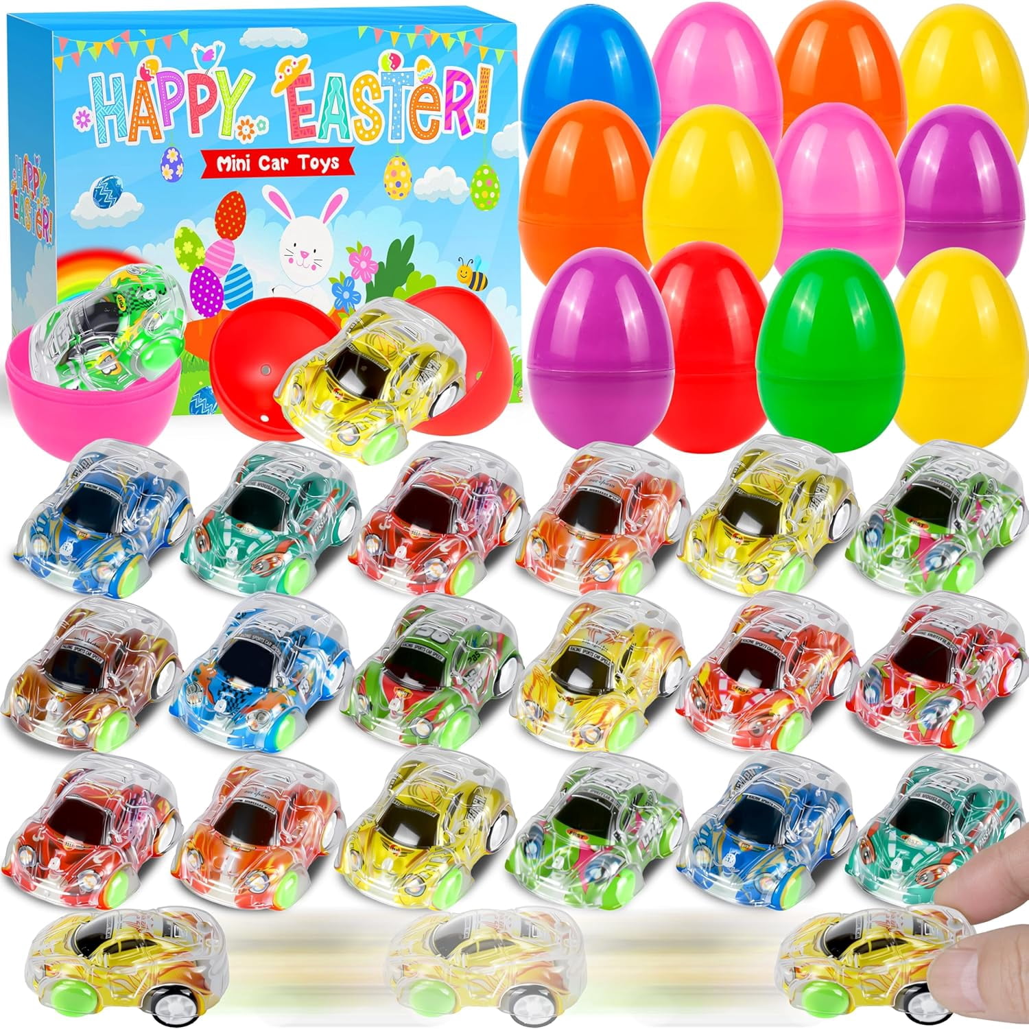 Prefilled Easter Eggs 24 Pack With Pull Back Toy Cars, Plastic Eggs With Toys Inside For Easter Egg Hunt, Basket Stuffers, Party Favors, Classroom Prizes For Kids