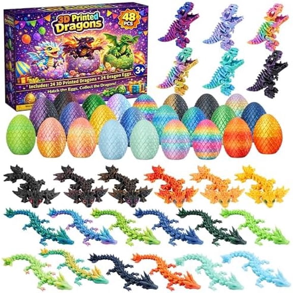 Prefilled Easter Eggs - 24 Pack Surprise 3D Printed Dragons Eggs with Dragon Inside, Easter Egg Hunt Toys, Candy- Free Easter Basket Stuffers, Party Favors for Kids Boys Girls