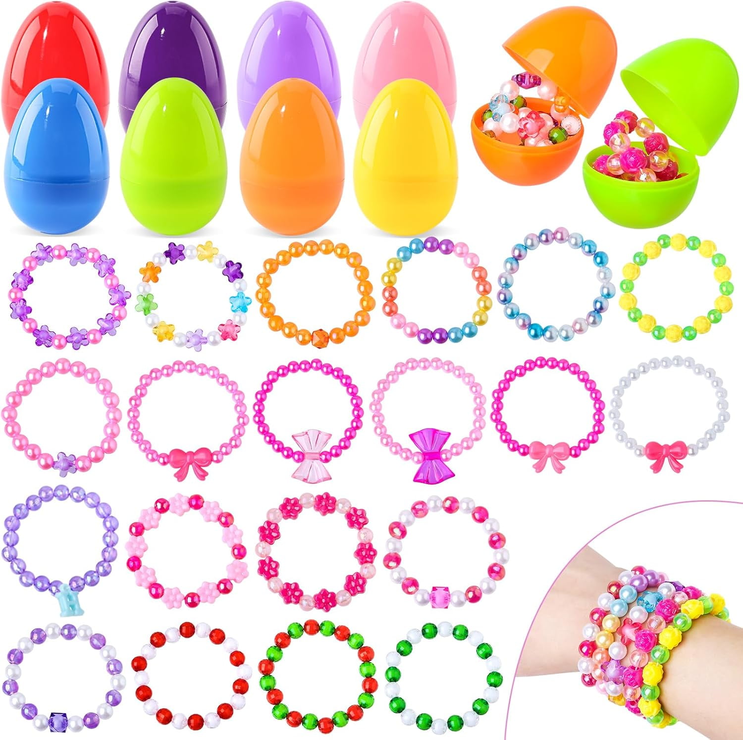 Prefilled Easter Eggs with Bracelets ,24 Pack Easter Basket Essentials Easter Basket Stuffers for Easter Eggs Hunt Game, Easters Party Favors for Girls