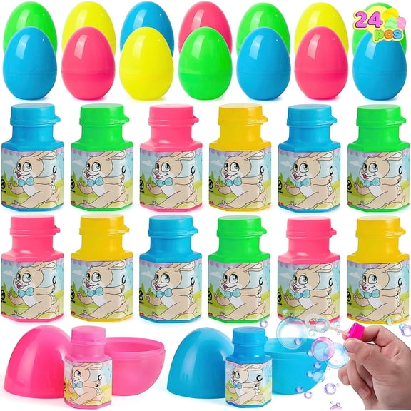 Prefilled Easter Eggs Bubble Wands, 24-Piece Party Favors Kit with Toys Inside for Egg Hunt, Classroom Prizes, Basket Stuffers and Easter Decorations