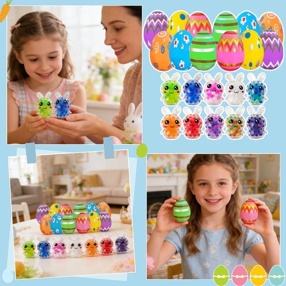 Prefilled Easter Eggs Bulk 12 Pack with Bunny Squishies, Non-Candy Easter Fillers for Basket Stuffers, School Gifts & Party Favors