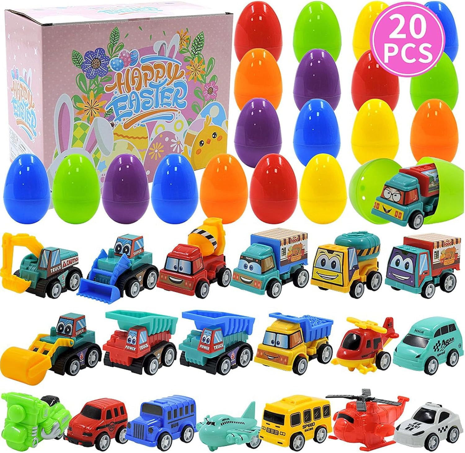 Prefilled Easter Eggs with Pull-Back Construction & Engineering Vehicles, 20 PCS Toy Filled Easter Eggs Perfect for Easter Egg Hunts, Easter Basket Stuffers, Classroom Prize Supplies