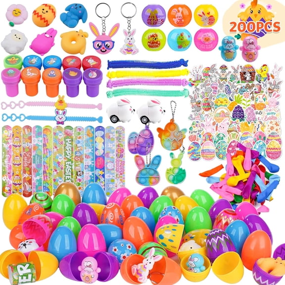 Prefilled Easter Eggs With Toys Inside, 200 Count Plastic Eggs, Includes 50 Count Fidget Toys, For Kids Egg Hunt, Basket Stuffers, Party Favors, Classroom Prizes