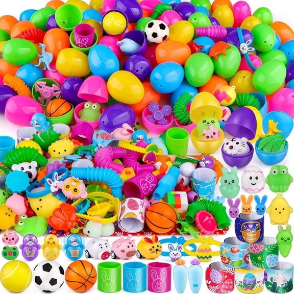 Prefilled Easter Eggs, 100 Count Plastic Eggs With Assorted Toy Fillers, Bulk Basket Stuffers For Egg Hunt, Party Favors And Classroom Prizes, Assorted Colors