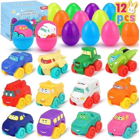 Prefilled Easter Eggs with 12 Soft Rubber Toy Cars for Easter Basket Stuffers Bath Toys and Party Favors