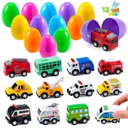 Joyfy 12 Packs Easter Eggs Filled with Cars,Easter Egg Fillers Mini Toys Truck Basket for Toddlers Kids Boys,Easter Egg Hunt Supplies