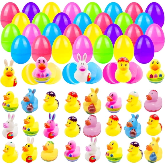 Prefilled Easter Eggs with Bunny Duckies, 24 Pcs Assorted Colors Bath Toys for Kids, Easter Basket Stuffers and Bathtub Party Favors