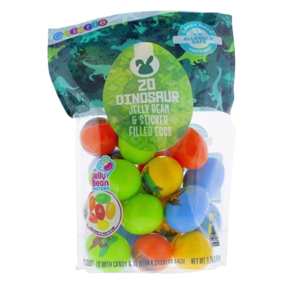 Prefilled Plastic Dinosaur Easter MSF2Eggs with Jelly Beans and Stickers, Assorted Fruit Flavored Chewy Candies, Basket Stuffers and Birthday Party Favors for Boys, 20 Count Bag