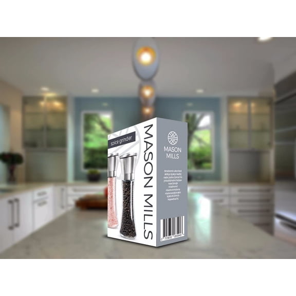 Prefilled Stainless Steel Salt and Pepper Grinder Two Piece Set - Includes Himalayan Salt and Quality Black Pepper - Glass and Stainless Steel Mill - Large Capacity Shakers - Top Loading By Mason Mil