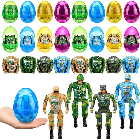 Prefilled Transforming Easter Eggs Set, 24 Count Jumbo Deformation Soldier Toys Inside, Easter Basket Stuffers For Kids Boys, Egg Hunt Party Favor Gifts, Assorted Colors