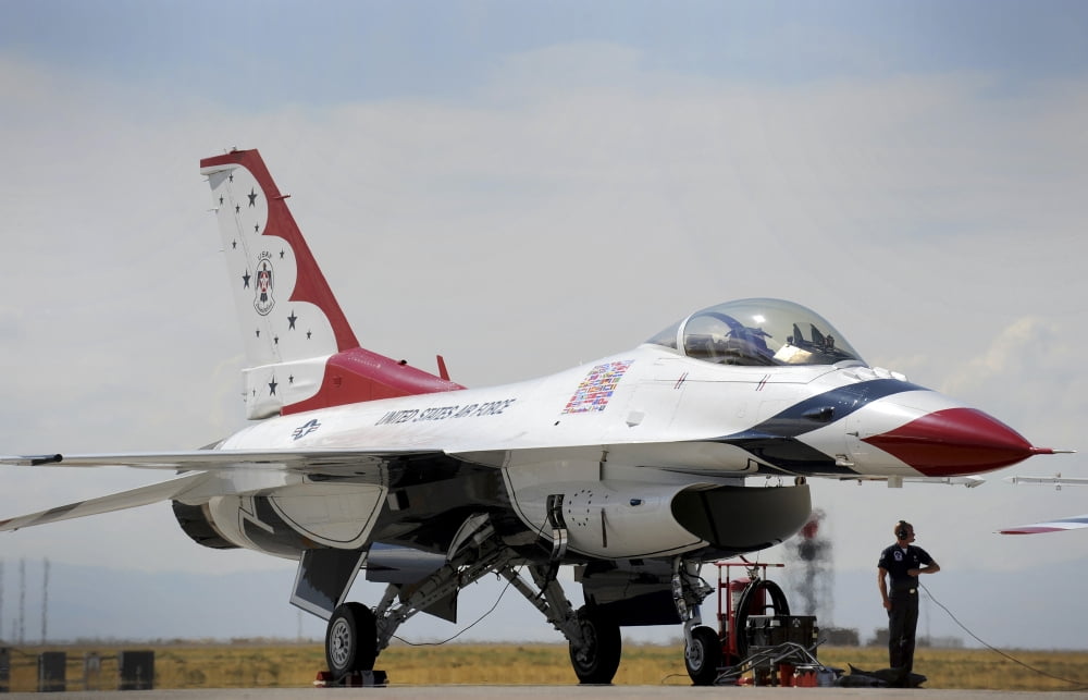 Preflight checks are performed on a US Air Force Thunderbirds aircraft Canvas Art - Stocktrek Images (35 x 23)