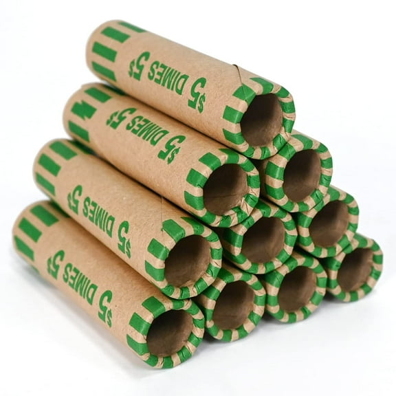 Preformed Coin Wrappers Rolls for Dimes 118 PCS, Durable Kraft Paper ABA Color Coded, Secure Crimped Ends, Ideal for Banks Retail Offices, Green