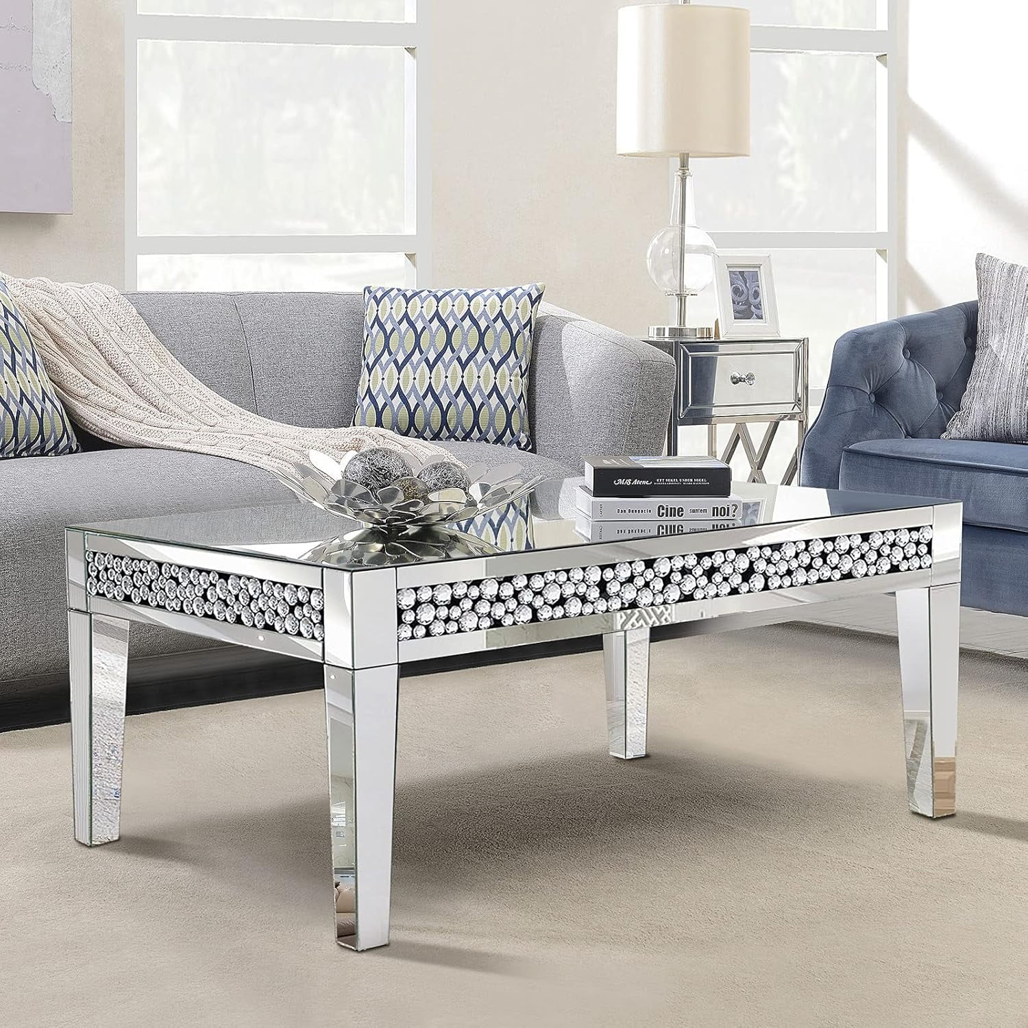 Silver Mirrored Rectangular Coffee Table with Crystal Diamond Inlay