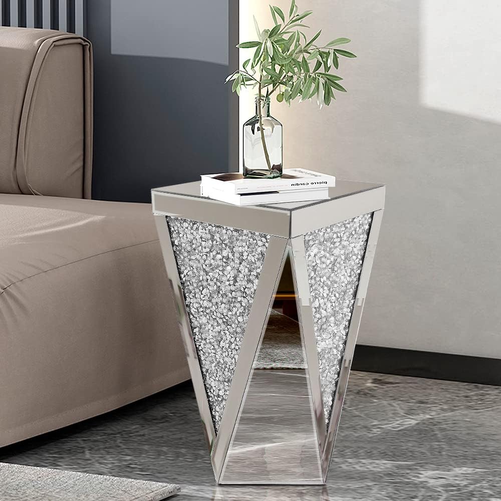 24" Tall Round Table Corner Table Silver Side Table Glass Mirror End