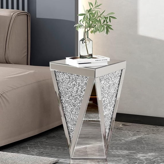 Pregaspor Silver Mirrored End Table, Crystal Inlay Side Table Accent Table, Small Mirrored Coffee Table for Living Room, Bedroom, Corner, 22" H