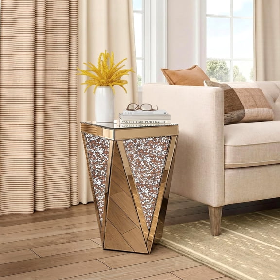 Pregaspor Tea Color Mirrored End Table, Crystal Inlay Side Table Accent Table, Small Mirrored Coffee Table for Living Room, Bedroom, Corner, 22" H
