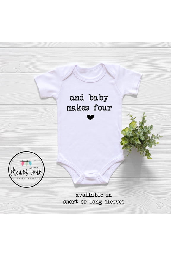 Pregnancy Announcement Baby Onesie - Baby Makes Four Baby Onesie - Family Of Four - Pregnancy Baby Reveal - First Baby Onesie Cool Baby Clothing, BABY BODYSUIT LAT 4424
