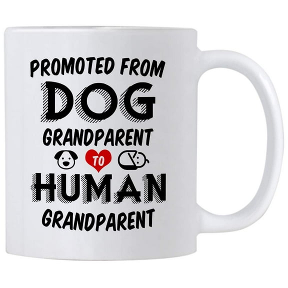 Pregnancy Announcement Gifts for Grandparents. Promoted from Dog Grandparent to Human 11 Ounce Mug. Gift Idea for Baby Reveal to Grandma or Grandpa to Be.