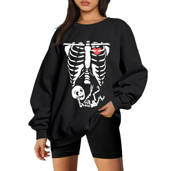 Pregnancy Announcement Halloween Skeleton Sweatshirts for Women Long Sleeve Crewneck Funny Maternity Sweatshirt Pullover