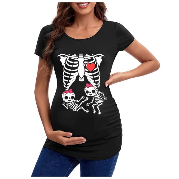 Pregnancy Announcement Halloween Tshirts Women 2025 Short Sleeve Crewneck Maternity Skeleton Halloween Shirts for Women