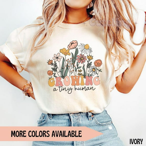 Pregnancy Announcement T-Shirt, Growing A Tiny Human Shirt, Wildflowers Maternity Reveal Tee for Mom