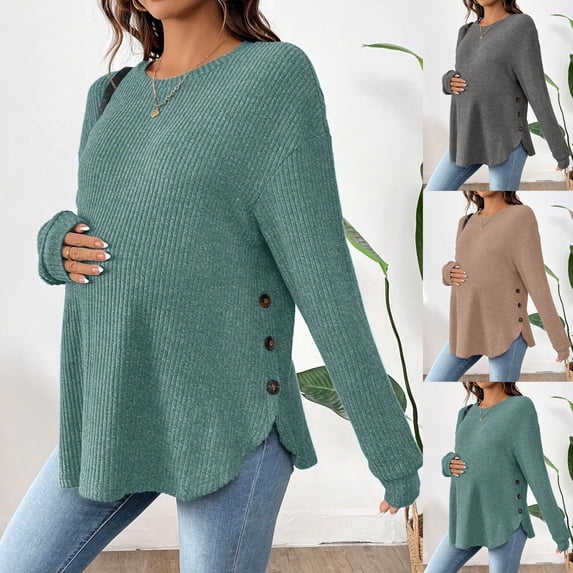 Pregnancy Clothes Maternity Solid Long Sleeve Women'S Maternity Long Sleeve Crew Neck Ribbed Sweater With Side Buttons Gray S