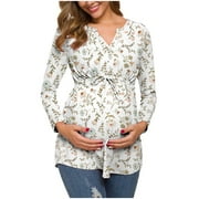 JUEBONG Pregnancy Essentials Women Fashion Flowers Leaf Print Long Sleeve Waistband Maternity Breastfeeding Clothes Top