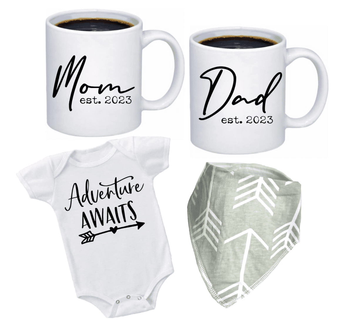 Pregnancy Gift Est 2023-New Parents Gifts-Mommy and Daddy EST. 2023 11 oz Mug Set -"Adventure Awaits" Romper (0-3M)-Top Mom and Dad Gift Set for New and Expecting Parents to Be (Green)