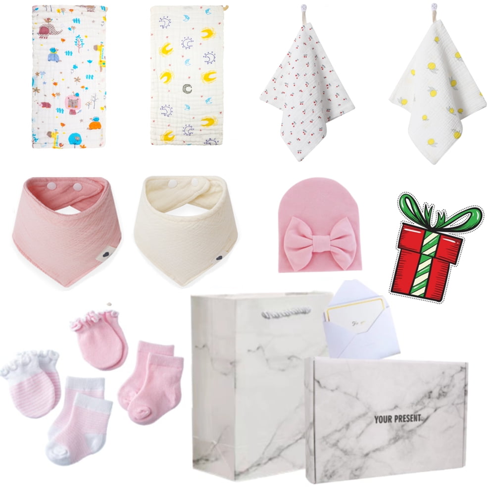 Pregnancy Gifts for First Time Moms - 11 in 1 100% Organic Cotton baby bibs/burp cloths/baby sock/gloves and handkerchief, baby Baby Welcome Box, New Born Boy Baby Gift, Christmas Gifts