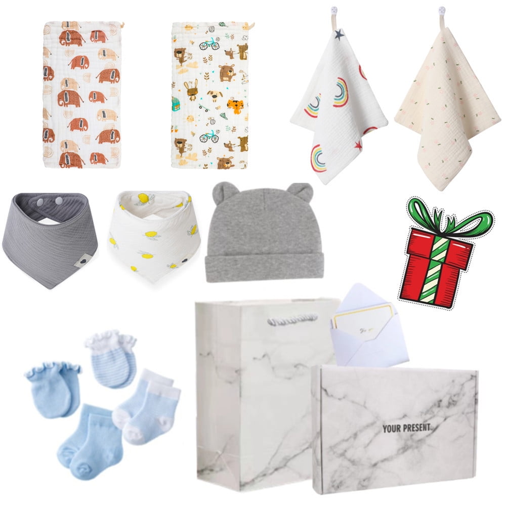 Pregnancy Gifts for First Time Moms - 11 in 1 100% Organic Cotton baby bibs/burp cloths/baby sock/gloves and handkerchief, baby Baby Welcome Box, New Born Boy Baby Gift, Christmas Gifts