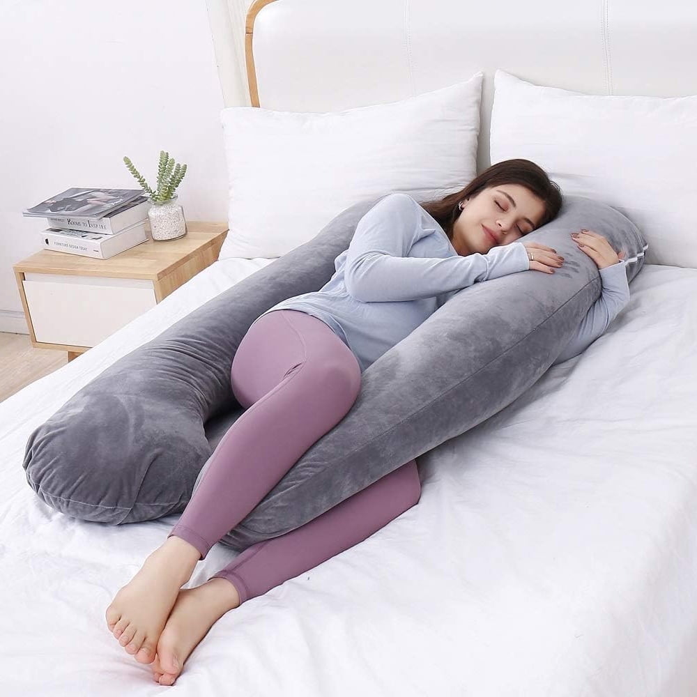 Pregnancy Pillow, Full Body U Shaped Cooling Full Body Maternity Pillow with Removable Cover - Support for Back, Legs, Belly, HIPS for Pregnant Women, Grey Velvet Cover