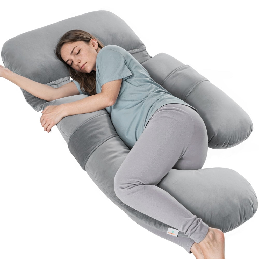 Pregnancy Pillow, Caveen Full Body Maternity Pillow for Side Sleeping, with Adjustable Wedge Pillow and Velvet Cover, Washable, Grey