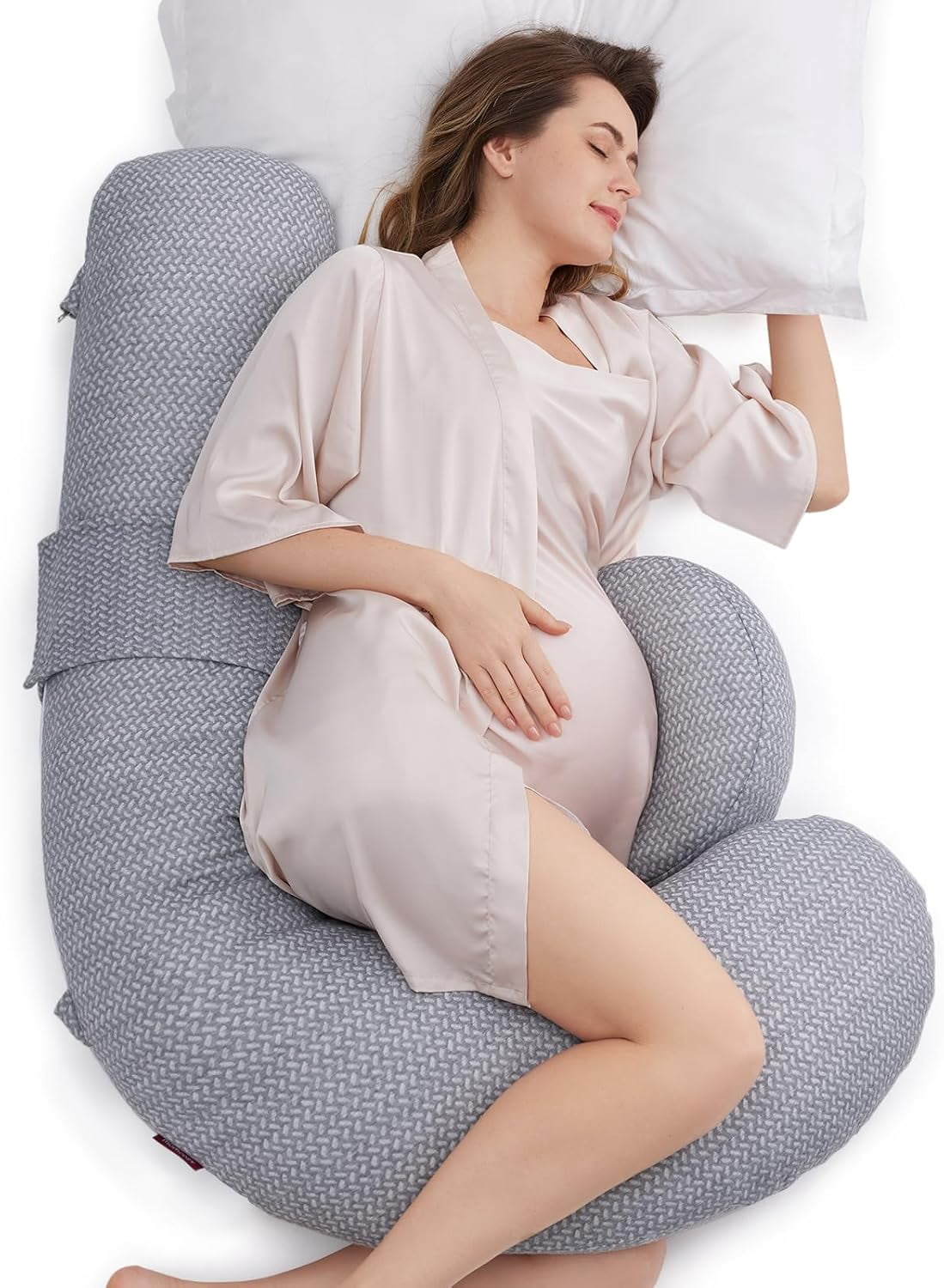 Pregnancy Pillow,Original F Shaped Maternity Pillow for Pregnant Women with Adjustable Wedge Pillow, Full Body Support Pregnancy Pillows for Side Sleeping with Velvet Cover, Light Grey
