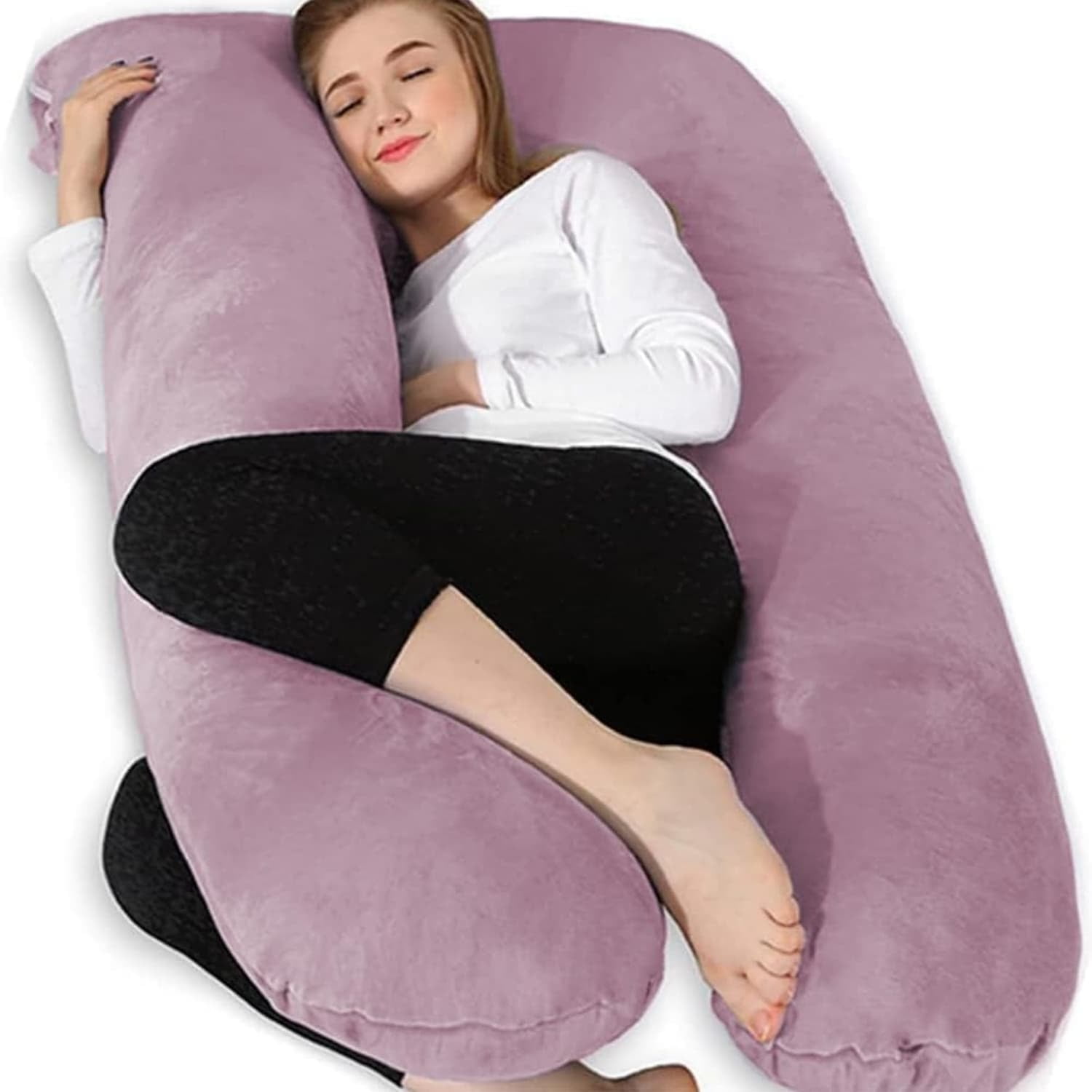 Pregnancy Pillow, U Shape Pregnancy Pillows for Sleeping, 55in Body Pillow for Sleeping, Body Pillows for Adults, Maternity Pillow, Velvet Removable Cover, Pink