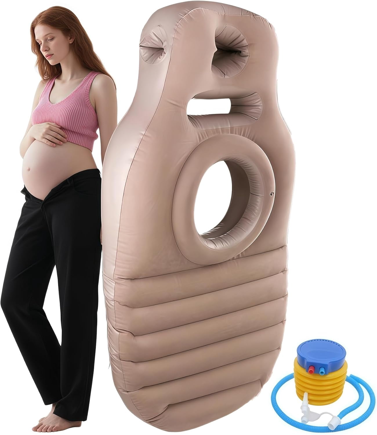 Pregnancy Pillows for Sleeping: Full Body Pregnancy Pillow, 2025 New Inflatable Pregnancy Pillow with Hole, Maternity Pillow for Stomach Sleeping,Back Pain Relief,Pool Floating, Includes Pump (Khaki)