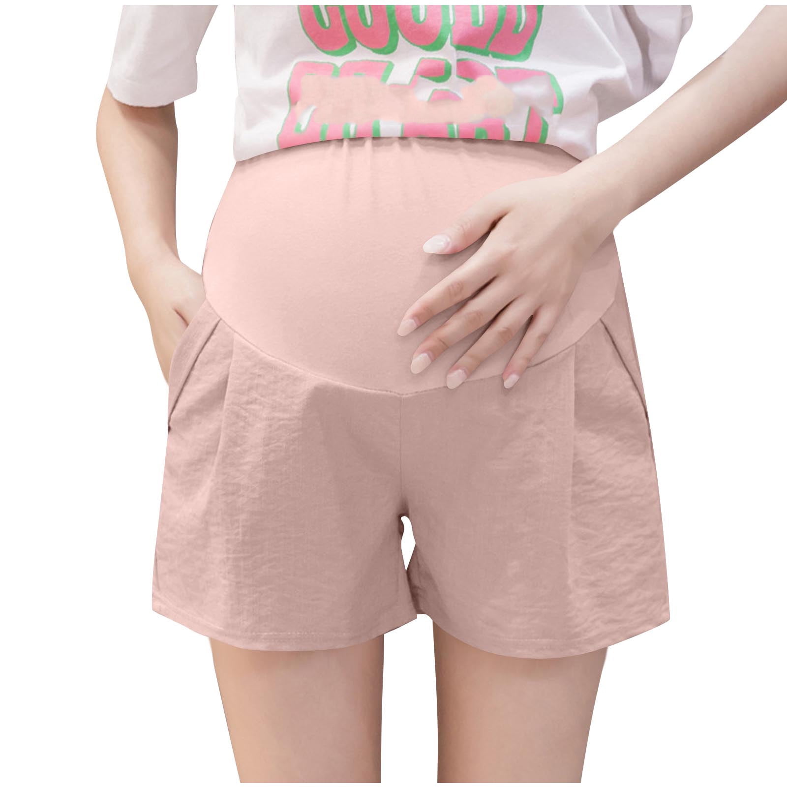 High Waist Maternity Shorts Women Over The Belly Lightweight Pregnancy Short With Pockets Summer Maternity Clothes Pink L