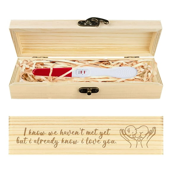 Pregnancy Test Keepsake Box Baby in Hand Wooden Pregnancy Announcement Gifts Box with Raffia Ribbon and Lock Announcement Gifts for Dad Husband 8x2x1.2inch