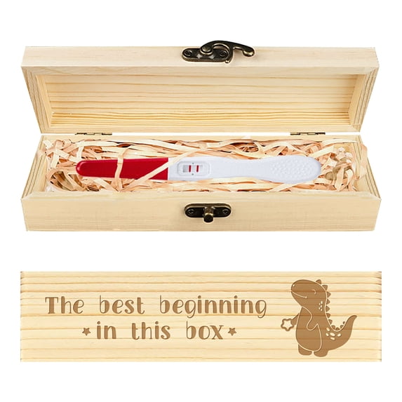 Pregnancy Test Keepsake Box Cartoon Dinosaur Wooden Pregnancy Announcement Gifts Box with Raffia Ribbon and Lock Announcement