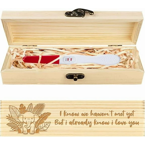 Pregnancy Test Keepsake Box Cartoon Elephant Leaves Wooden Pregnancy Announcement Gifts Box with Raffia Ribbon and Lock Announcement Gifts for Dad Husband 8x2x1.2 inch diy