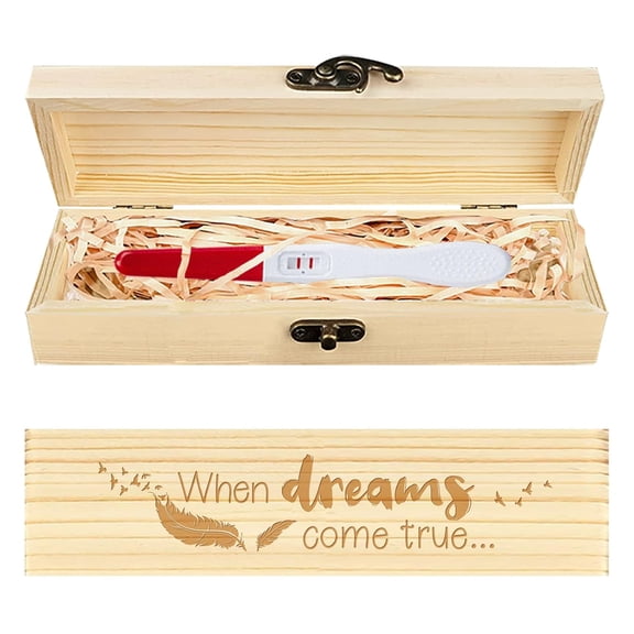 Pregnancy Test Keepsake Box Feather Wooden Pregnancy Announcement Gifts Box with Raffia Ribbon and Lock Announcement Gifts