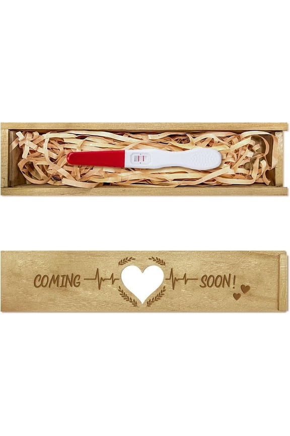 Pregnancy Test Keepsake Box Hollow Love Pregnancy Test Gift Box with Raffia Ribbon Push Pull Wooden Pregnancy Announcement Gifts Box Announcement Gifts for Dad 8x2x1.2inch Brown