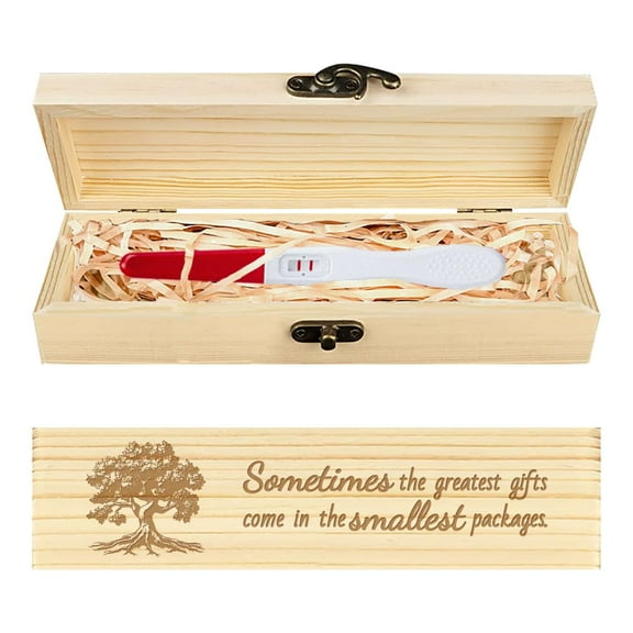 Pregnancy Test Keepsake Box Tree of Life Wooden Pregnancy Announcement Gifts Box with Raffia Ribbon and Lock Announcement Gifts for Dad Husband 8x2x1.2inch DIY