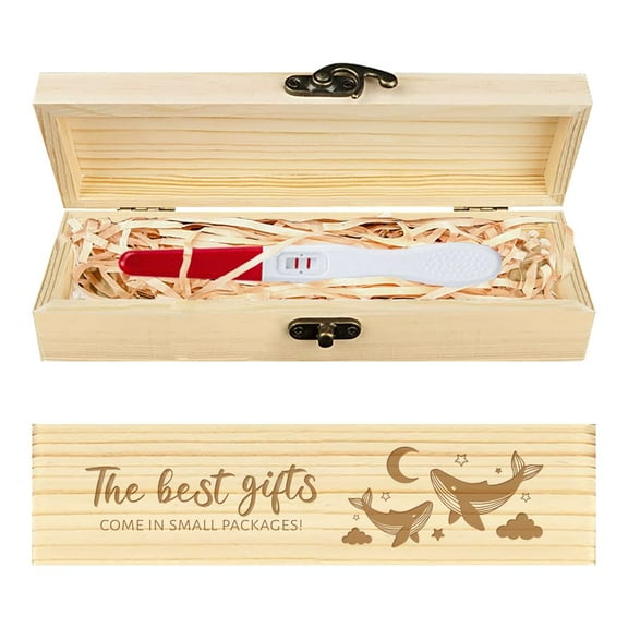Pregnancy Test Keepsake Box Whale Wooden Pregnancy Announcement Gifts Box with Raffia Ribbon and Lock Announcement Gifts for Dad Husband 8x2x1.2inch
