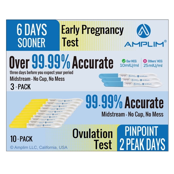 Amplim 13-Pack Fertility Test Kit: 3-Pack Pregnancy HCG Test Midstream, 10 mIU/ml with 6 Days Early Detection, 10-Pack Ovulation LH Test Midstream, 99.99% Accurate, Ultra-Sensitive, FSA/HSA Eligible