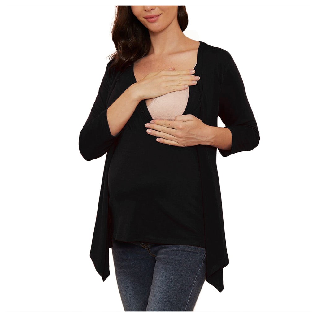 One opening Women Maternity Long Sleeve Chiffon Shirts Solid Color Casual  V-neck Basic Pregnancy Tops Clothes 