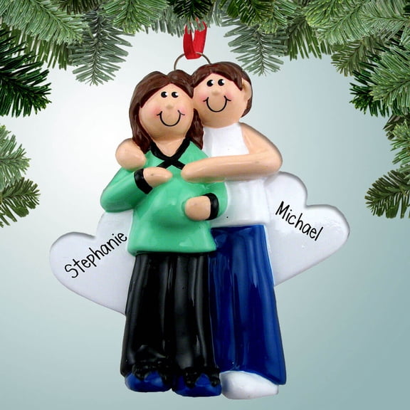 Pregnant Couple with Two Hearts - Brown Hair F - Personalized Christmas Ornament - Perfect Stocking Stuffer - Great Gift Ideas