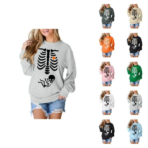 Pregnant Halloween Sweatshirts for Women 2025 Crewneck Pregnancy Announcement Skeleton Graphic Sweatshirt Pullover Top