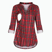 JUEBONG Pregnant Mom Gifts Maternity V Neck Plaid Long Sleeve Breastfeeding Pregnant Women's Nursing Buttons Blouse Tops