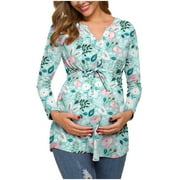 JUEBONG Pregnant Mom Gifts Women Fashion Flowers Leaf Print Long Sleeve Waistband Maternity Breastfeeding Clothes Top